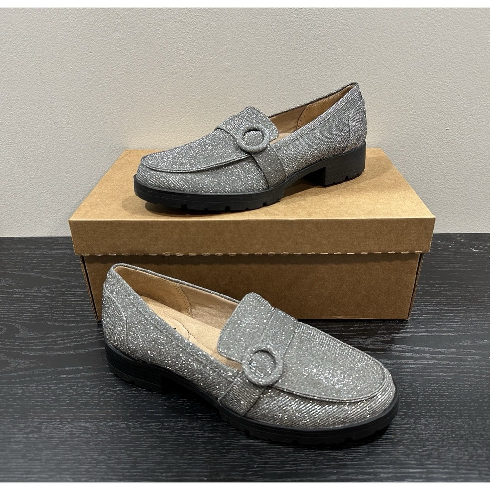 LifeStride Lolly Women Loafers Pewter Fabric Comfort Sparkle Lug Sole 8.5 READ